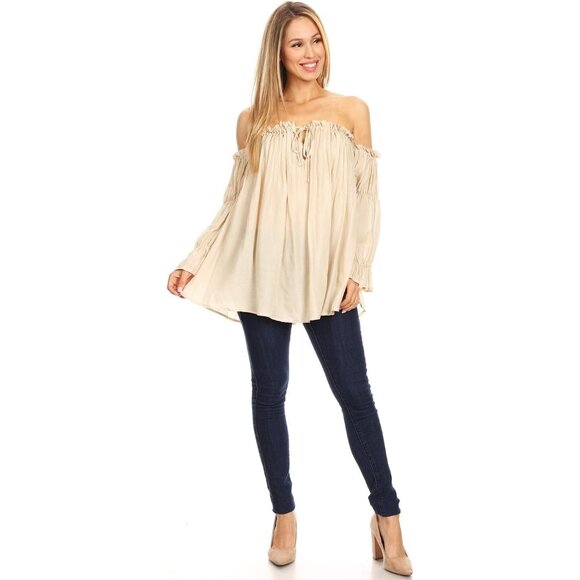 Women's Boho Sheer Peasant Top Off Shoulder Long Sleeve Casual Flowy - Picture 6 of 6